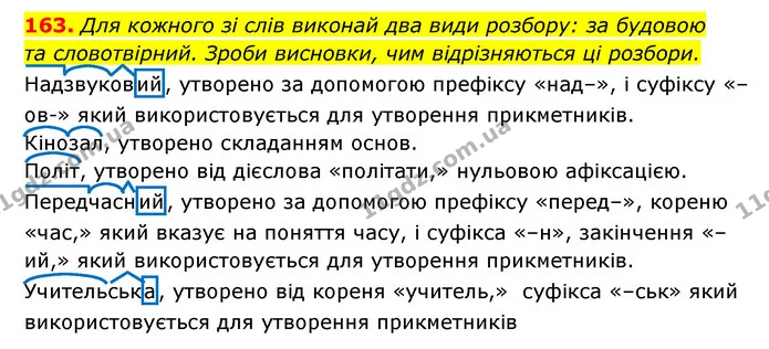 163. Для кожного зі слів виконай два види розбору: за будовою — ГДЗ Українська мова 6 клас Онатій