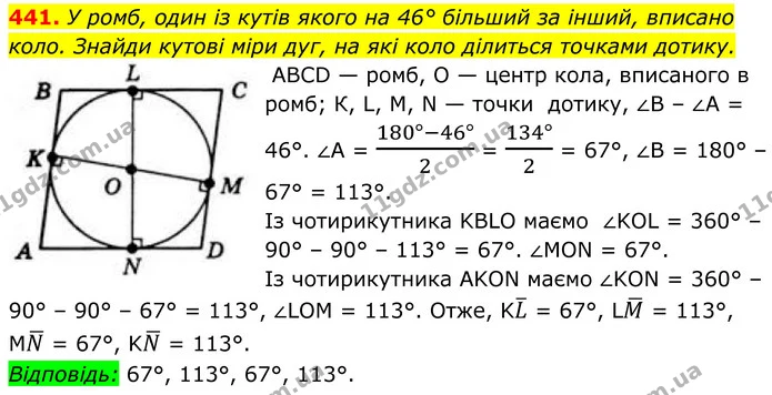 441. У ромб, один із кутів якого на 46° більший за інший, вписано коло. Знайди кутові міри дуг, на які коло ділиться точками дотику. — ГДЗ Геометрія 8 клас Бевз