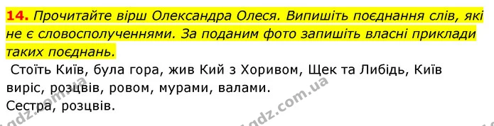 14. Прочитайте вірш Олександра Олеся. Випишіть поєднання слів, які не є словосполученнями. За поданим фото запишіть власні приклади — ГДЗ Відповіді Українська мова 6 клас Єрмоленко