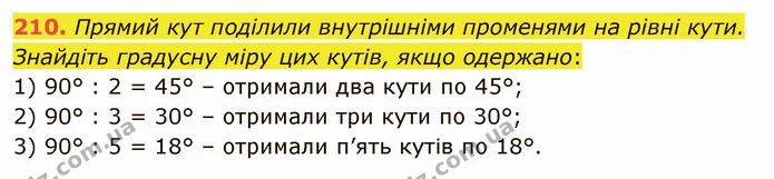 210. Прямий кут поділили внутрішніми променями на рівні кути. Знайдіть градусну міру цих кутів, якщо одержано: — ГДЗ Математика 5 клас Тарасенкова 2022