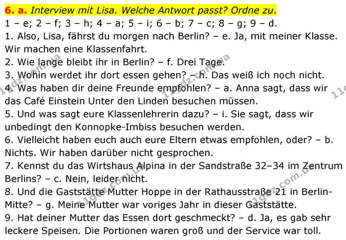6. a. Interview mit Lisa. Welche Antwort passt? Ordne zu. — ГДЗ робочий зошит Німецька мова 8 клас Басай