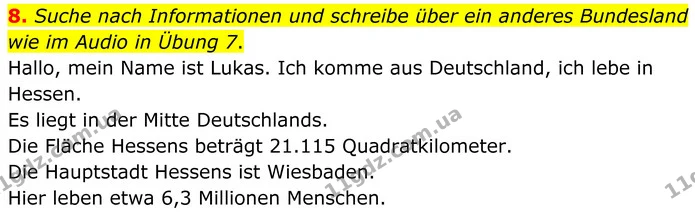 8. Suche nach Informationen und schreibe über ein anderes Bundesland wie im Audio in Übung 7. — ГДЗ Німецька мова 8 клас Сотникова (2025) 4 рік