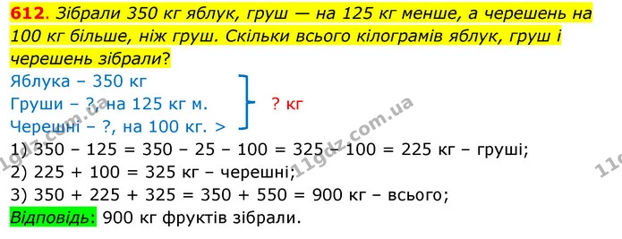 612. Зібрали 350 кг яблук, груш — на 125 кг менше, а черешень на 100 кг більше, ніж груш. Скільки всього кілограмів яблук, груш і — ГДЗ Математика 3 клас Бевз 1 частина
