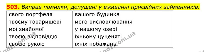 503. Виправ помилки, допущені у вживанні присвійних займенників. — ГДЗ Українська мова 6 клас Онатій
