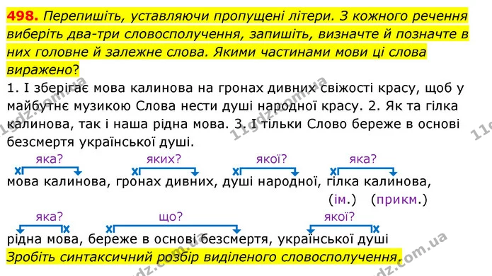 498. Перепишіть, уставляючи пропущені літери. З кожного речення виберіть два-три словосполучення, запишіть, визначте й позначте в них — ГДЗ Українська мова 5 клас Глазова 2022