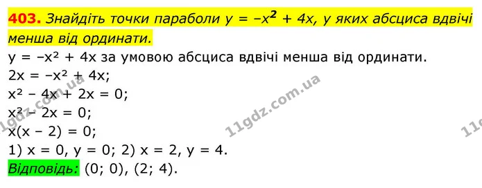 403. Знайдіть точки параболи y = –x2 + 4x, у яких абсциса вдвічі менша від ординати. — ГДЗ Алгебра 9 клас Тарасенкова