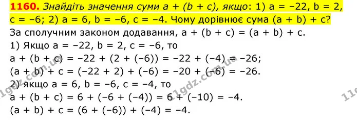 1160. Знайдіть значення суми а + (b + с), якщо: 1) а = –22, b = 2, с = –6; 2) а = 6, b = –6, с = –4. Чому дорівнює сума (а + b) + с? — ГДЗ Математика 6 клас Тарасенкова 2023 1-2 ч.