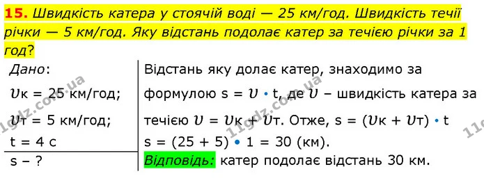 15. Швидкість катера у стоячій воді — 25 км/год. Швидкість течії річки — 5 км/год. Яку відстань подолає катер за течією річки за 1 год? — ГДЗ Фізика 7 клас Засєкіна