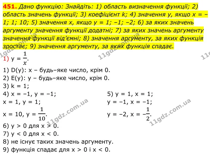 451. Дано функцію: Знайдіть: 1) область визначення функції; 2) область значень функції; 3) коефіцієнт k; 4) значення у, якщо х = –1; 1 — ГДЗ Алгебра 8 клас Тарасенкова