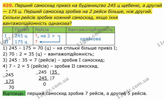 439. Перший самоскид привіз на будівництво 245 ц щебеню, а другий — 175 ц. Перший самоскид зробив на 2 рейси більше, ніж другий — ГДЗ Математика 4 клас Оляницька