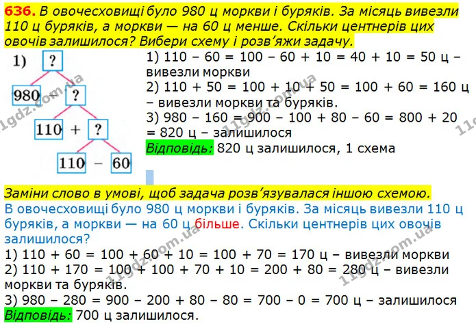 636. В овочесховищі було 980 ц моркви і буряків. За місяць вивезли 110 ц буряків, а моркви — на 60 ц менше. Скільки центнерів цих — ГДЗ Математика 3 клас Лишенко (1, 2 частина)