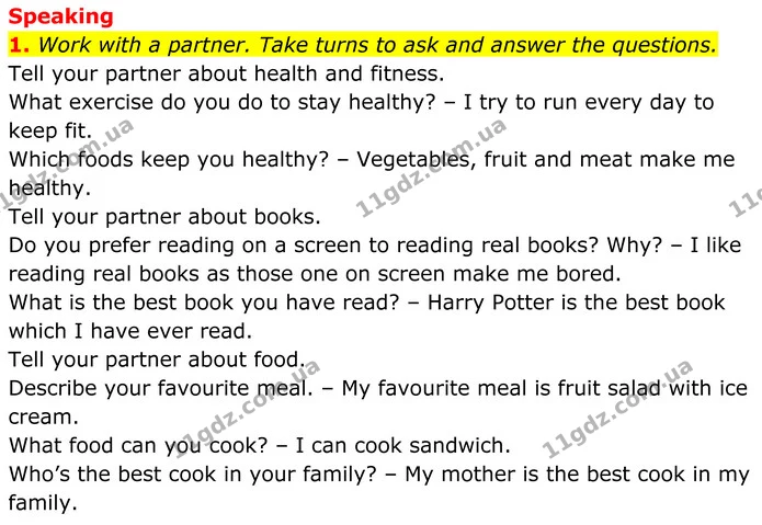 1. Work with a partner. Take turns to ask and answer the questions. — ГДЗ Англійська мова 7 клас Коста