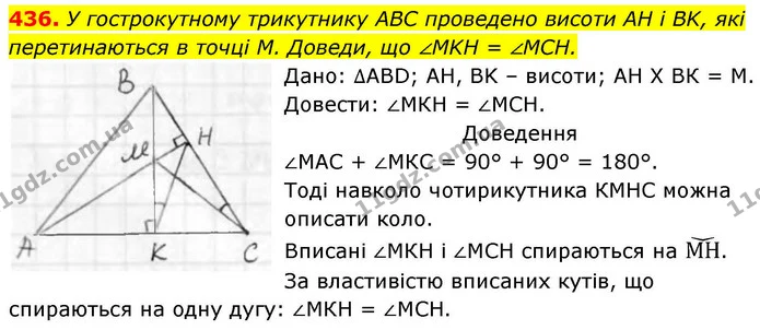 436. У гострокутному трикутнику ABC проведено висоти AH і BK, які — ГДЗ Геометрія 8 клас Бевз