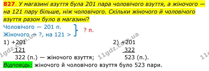 827. У магазині взуття була 201 пара чоловічого взуття, а жіночого — на 121 пару більше, ніж чоловічого. Скільки жіночого й чоловічого — ГДЗ Математика 3 клас Бевз 1 частина