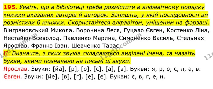 195. Уявіть, що в бібліотеці треба розмістити в алфавітному порядку книжки вказаних авторів й авторок. Запишіть, у якій послідовності — ГДЗ Українська мова 5 клас Заболотний 2022