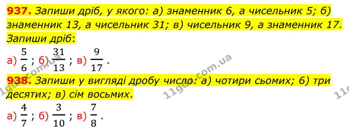 937. Запиши дрiб, у якого: а) знаменник 6, а чисельник 5; б) знаменник 13, а чисельник 31; в) чисельник 9, а знаменник 17. — ГДЗ Математика 5 клас Бевз