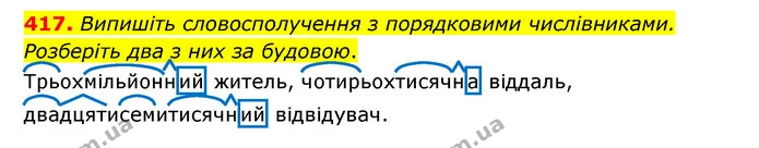 417. Випишіть словосполучення з порядковими числівниками. Розберіть два з них за будовою. — ГДЗ Українська мова 6 клас Голуб 2023