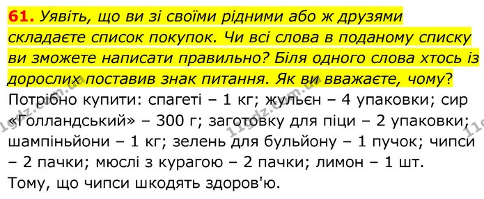 61. Уявіть, що ви зі своїми рідними або ж друзями складаєте список покупок. Чи всі слова в поданому списку ви зможете написати — ГДЗ Українська мова 6 клас Заболотний 2020