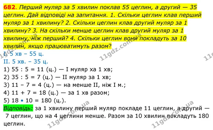 682. Перший муляр за 5 хвилин поклав 55 цеглин, а другий — 35 цеглин. Дай відповіді на запитання. 1. Скільки цеглин клав перший муляр — ГДЗ Математика 3 клас Бевз 2 частина