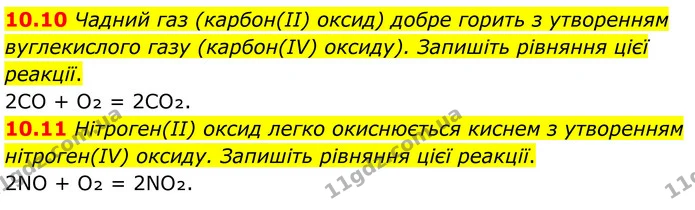 10.10 Чадний газ (карбон(ІІ) оксид) добре горить з утворенням вуглекислого газу (карбон(ІV) оксиду). Запишіть рівняння цієї реакції. — ГДЗ Робочий зошит Хімія 8 клас Григорович