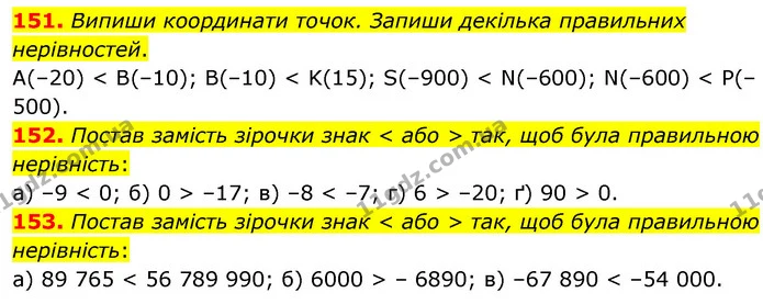 151. Випиши координати точок. Запиши декілька правильних нерівностей. — ГДЗ Математика 6 клас Бевз 1-2 ч.