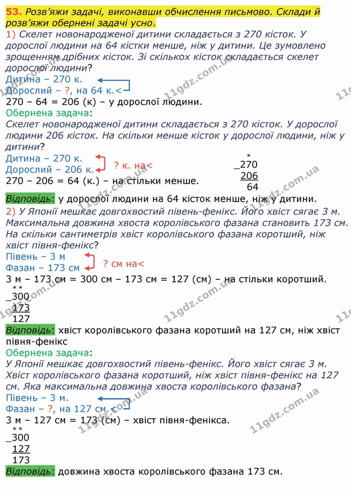 53. Розв’яжи задачі, виконавши обчислення письмово. Склади й розв’яжи обернені задачі усно. — ГДЗ Математика 4 клас Оляницька