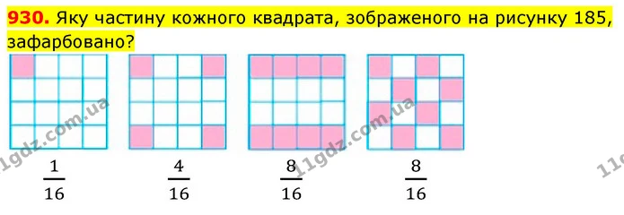930. Яку частину кожного квадрата, зображеного на рисунку 185, зафарбовано? — ГДЗ Математика 5 клас Кравчук