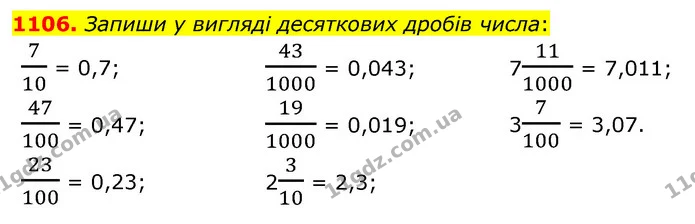 1106. Запиши у вигляді десяткових дробів числа: — ГДЗ Математика 5 клас Бевз