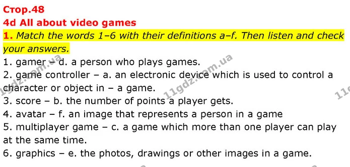 1. Match the words 1–6 with their definitions a–f. Then listen and check your answers. — ГДЗ Англійська мова 7 клас Мітчелл