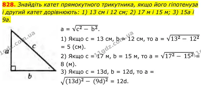 828. Знайдіть катет прямокутного трикутника, якщо його гіпотенуза і другий катет дорівнюють: 1) 13 см і 12 см; 2) 17 м і 15 м; 3) 15a і — ГДЗ Геометрія 8 клас Бурда