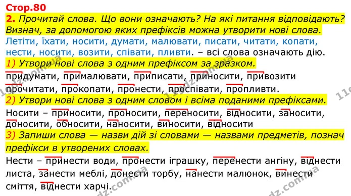 2. Прочитай слова. Що вони означають? На які питання відповідають? Визнач, за допомогою яких префіксів можна утворити нові слова. — ГДЗ Українська мова та читання 3 клас Большакова 1-2 ч.
