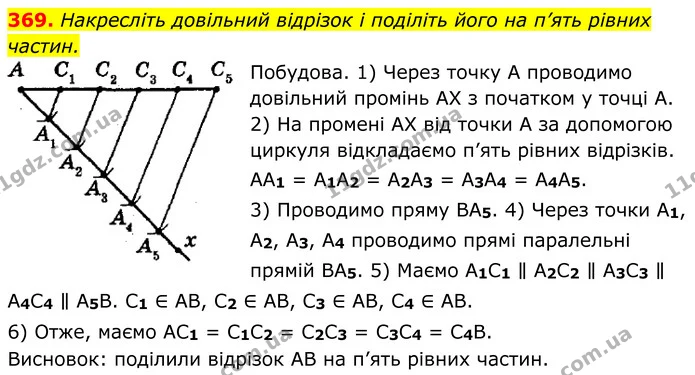 369. Накресліть довільний відрізок і поділіть його на п’ять рівних — ГДЗ Геометрія 8 клас Мерзляк