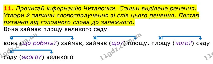 11. Прочитай інформацію Читалочки. Спиши виділене речення. Утвори й запиши словосполучення зі слів цього речення. Постав питання від — ГДЗ Українська мова 3 клас Пономарьова 2020
