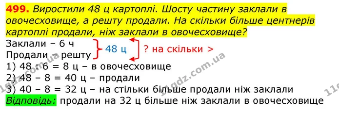 499. Виростили 48 ц картоплі. Шосту частину заклали в овочесховище, а решту продали. На скільки більше центнерів картоплі продали, ніж — ГДЗ Математика 3 клас Лишенко (1, 2 частина)