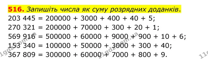 516. Запишіть числа як суму розрядних доданків. — ГДЗ Математика 4 клас Бевз 1 та 2 частини
