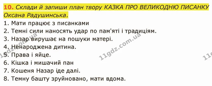 10. Склади й запиши план твору КАЗКА ПРО ВЕЛИКОДНЮ ПИСАНКУ Оксана Радушинська. — ГДЗ Українська література 5 клас Коваленко
