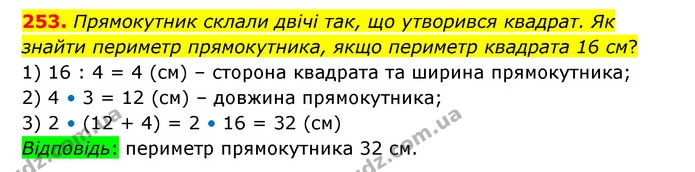 253. Прямокутник склали двічі так, що утворився квадрат. Як знайти периметр прямокутника, якщо периметр квадрата 16 см? — ГДЗ Математика 4 клас Бевз 1 та 2 частини