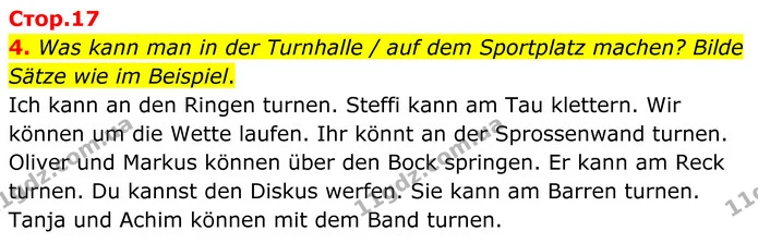4. Was kann man in der Turnhalle / auf dem Sportplatz machen? Bilde Sätze wie im Beispiel. — ГДЗ робочий зошит Німецька мова 8 клас Басай