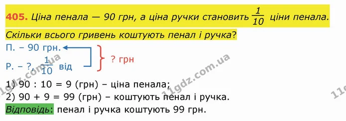 405. Ціна пенала — 90 грн, а ціна ручки становить ціни пенала. Скільки всього гривень коштують пенал і ручка? — ГДЗ Математика 3 клас Листопад 1-2 ч.