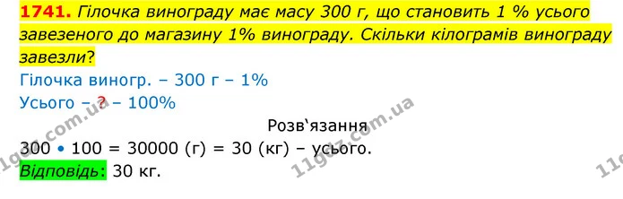 1741. Гілочка винограду має масу 300 г, що становить 1 % усього завезеного до магазину 1% винограду. Скільки кілограмів винограду — ГДЗ Математика 5 клас Бевз