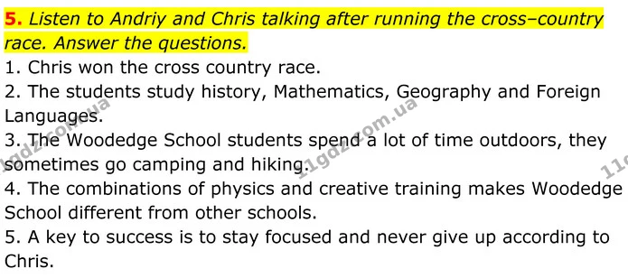 5. Listen to Andriy and Chris talking after running the cross–country race. Answer the questions. — ГДЗ Англійська мова 7 клас Коста