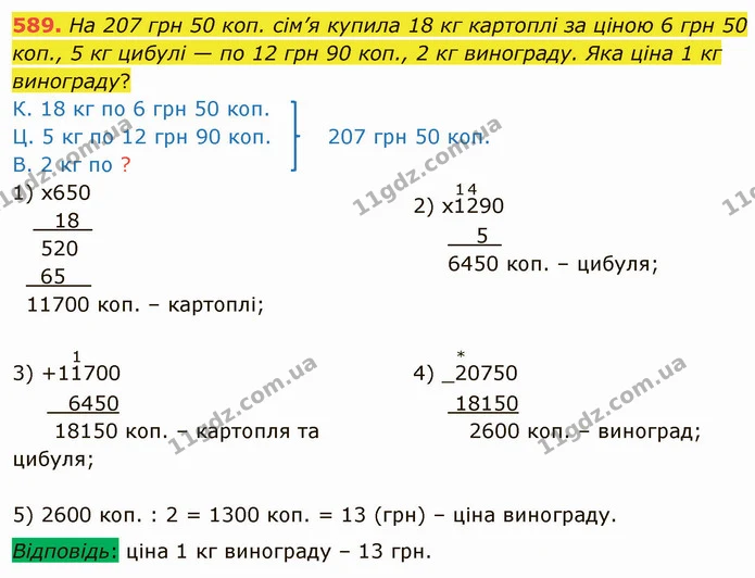 589. На 207 грн 50 коп. сім’я купила 18 кг картоплі за ціною 6 грн 50 коп., 5 кг цибулі — по 12 грн 90 коп., 2 кг винограду. Яка ціна 1 — ГДЗ Математика 4 клас Заїка