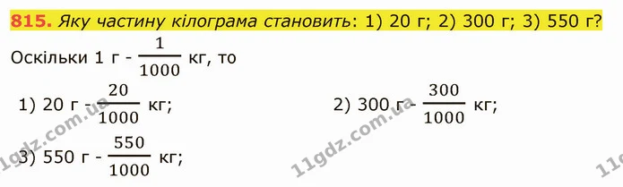 815. Яку частину кілограма становить: 1) 20 г; 2) 300 г; 3) 550 г? — ГДЗ Математика 5 клас Тарасенкова 2022