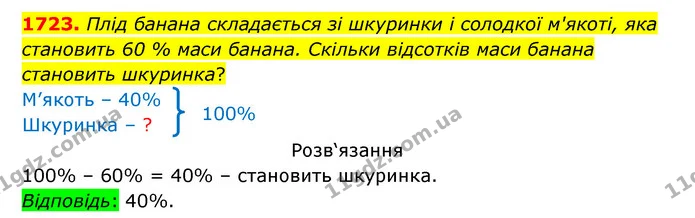 1723. Плід банана складається зі шкуринки і солодкої м'якоті, яка становить 60 % маси банана. Скільки відсотків маси банана становить — ГДЗ Математика 5 клас Бевз