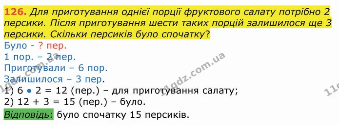 126. Для приготування однієї порції фруктового салату потрібно 2 персики. Після приготування шести таких порцій залишилося ще 3 — ГДЗ Математика 3 клас Листопад 1-2 ч.