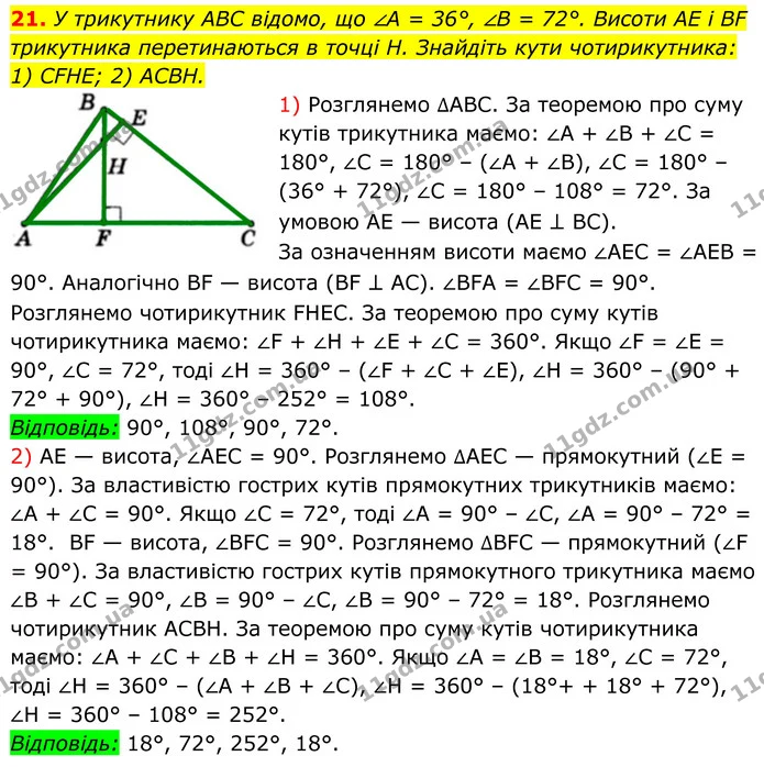 21. У трикутнику ABC відомо, що ∠A = 36°, ∠B = 72°. Висоти AE і BF трикутника перетинаються в точці H. Знайдіть кути чотирикутника: 1) — ГДЗ Геометрія 8 клас Мерзляк