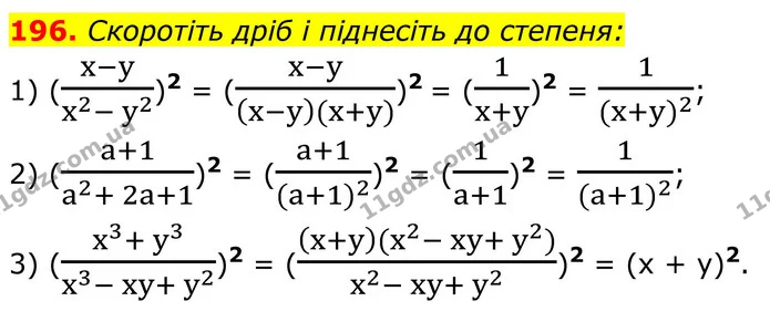 196. Скоротіть дріб і піднесіть до степеня: — ГДЗ Алгебра 8 клас Тарасенкова
