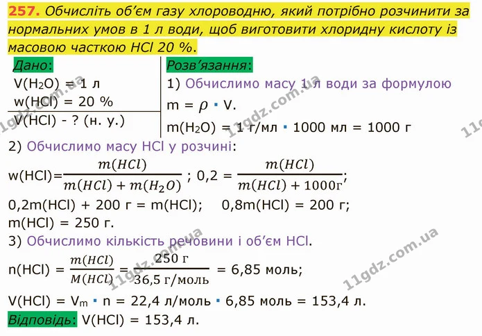 257. Обчисліть об’єм газу хлороводню, який потрібно розчинити за нормальних умов в 1 л води, щоб виготовити хлоридну кислоту із масовою — ГДЗ Хімія 8 клас Попель