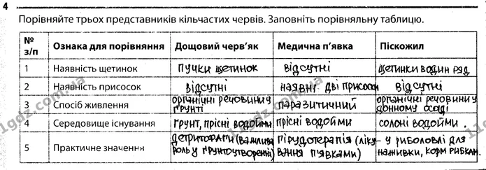 4. Порівняйте трьох представників кільчастих червів. Заповніть порівняльну таблицю. — ГДЗ Робочий зошит Біологія 7 клас Задорожний