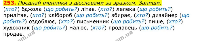 253. Поєднай іменники з дієсловами за зразком. Запиши. — ГДЗ Українська мова та читання 3 клас Захарійчук 2020